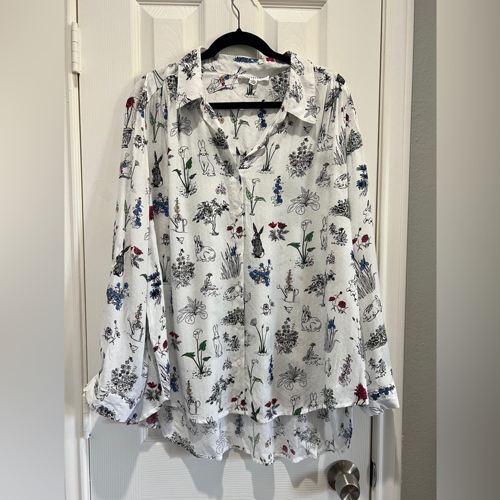 Jane & Delancey Bunny Print Blouse 2X Cottagecore Easter Spring Teacher Top - Picture 1 of 9
